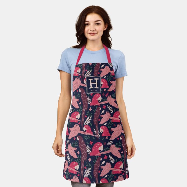 Tablier Ara Parrot Rouge Motif de feuille tropicale Monogr (Porté)