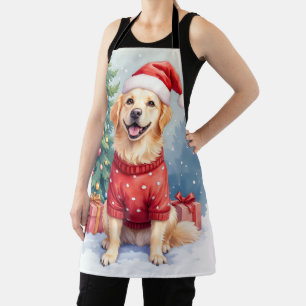 Tablier Arbre de Noël au retriever doré à l'aquarelle chau