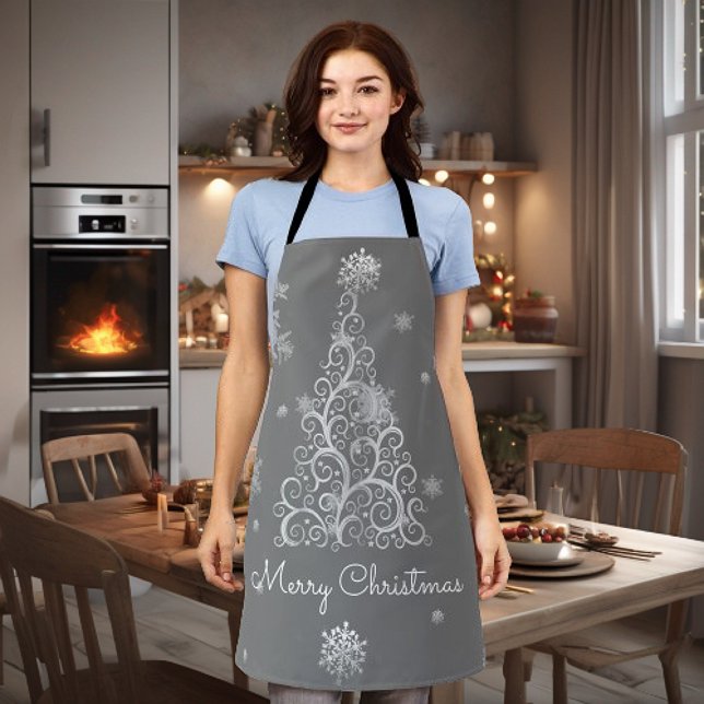 Tablier Arbre de Noël en argent et flocon de neige (Silver Christmas Tree and Snowflakes Apron)