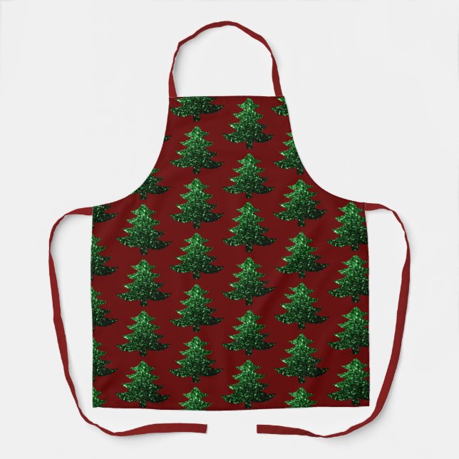 Tablier Arbre de Noël pétillant vert motif rouge foncé (Recto)