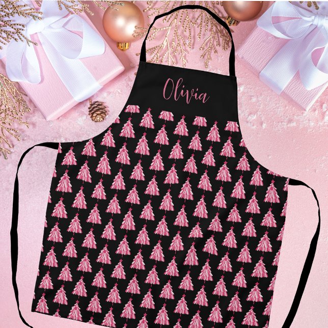 Tablier Arbre de Noël rose (Modern Christmas kitchen apron personalized first name in pink and black Christmas Tree design.)