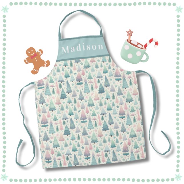 Tablier Arbres de Noël et étoiles de Scandi (Whimsical Scandi Christmas Trees & Stars in Soft Mint Green and Pink. Perfect Christmas Baking Gift!)