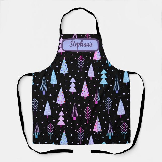 Tablier Arbres de Noël modernes violet rose noir (Recto)