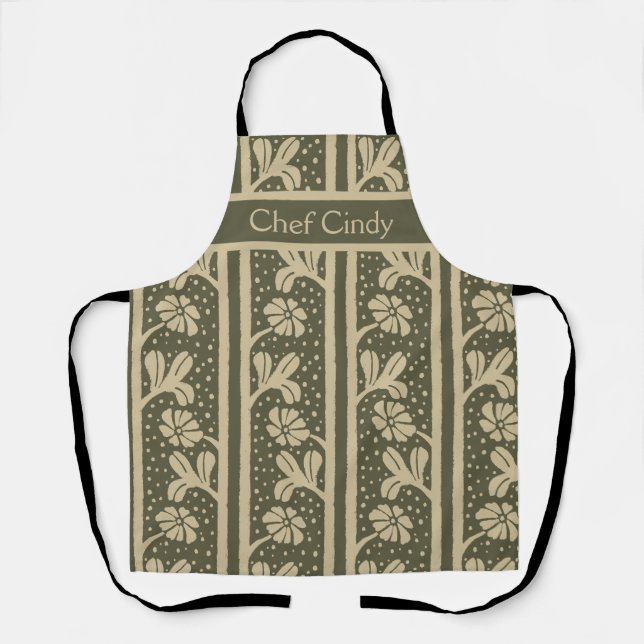 Tablier Art Nouveau Fleurs élégantes Beige et vert Sage (Recto)