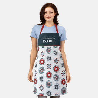 Tablier Art populaire nordique Fleurs bleues rouges Noël