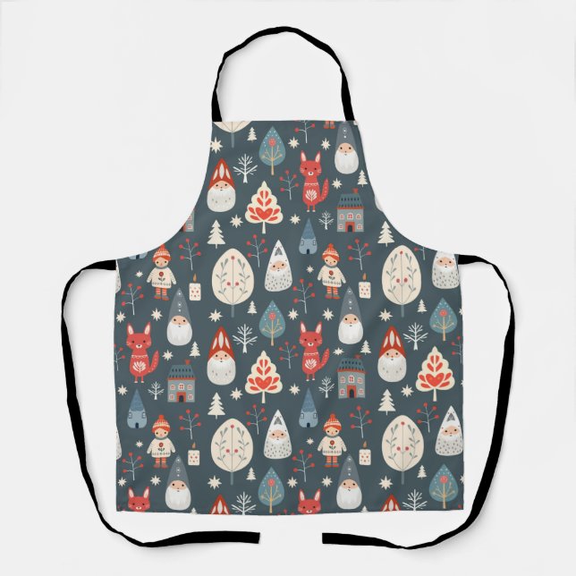 Tablier Art populaire scandinave avec génomes de Noël (Recto)