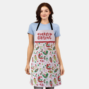Tablier Art populaire scandinave rose et rouge Joyeux Noël
