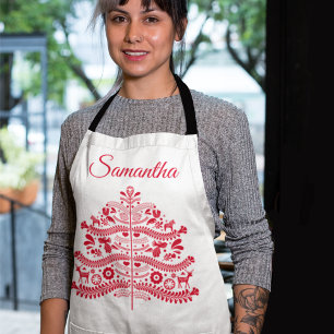 Tablier Art populaire scandinave rouge Arbre de Noël nordi