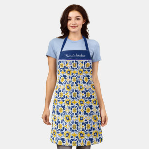 Tablier Avec texte 💛 💙 Bleu et jaune Azulejos floral