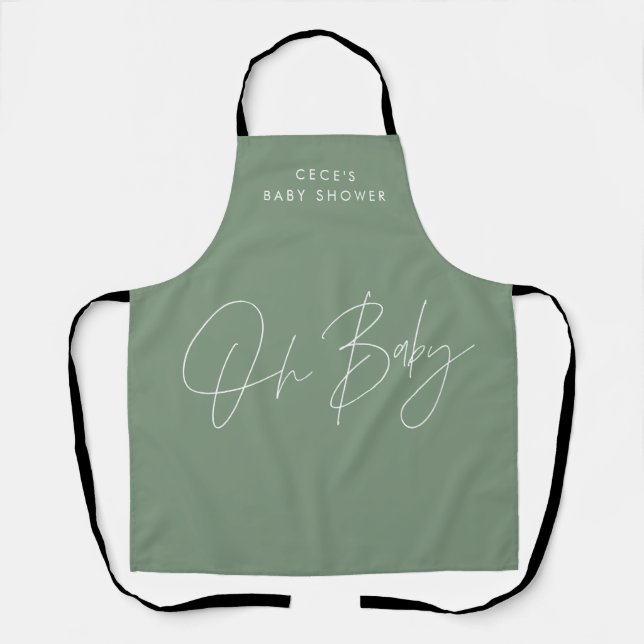 Tablier Baby shower script moderne sauge vert élégant (Recto)