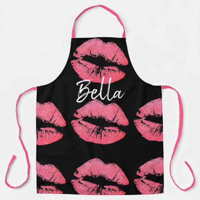 Tablier Baiser baiser à lèvres imprimé rose et noir mignon (Recto)