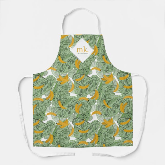 Tablier Banane tropicale moderne vert Motif Monogramme (Recto)