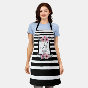 Tablier Bandes noires et blanches Monogramme floral rose