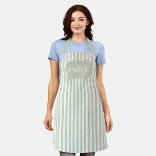 Tablier Bandes Vert Sauge Nom Bordure Arrondie