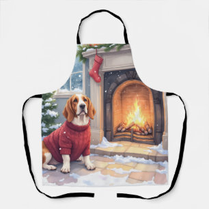 Tablier Basset Hound à l'aquarelle au coin du feu Noël