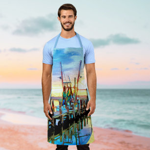 Tablier Bateau de crevettes côtières au coucher du soleil