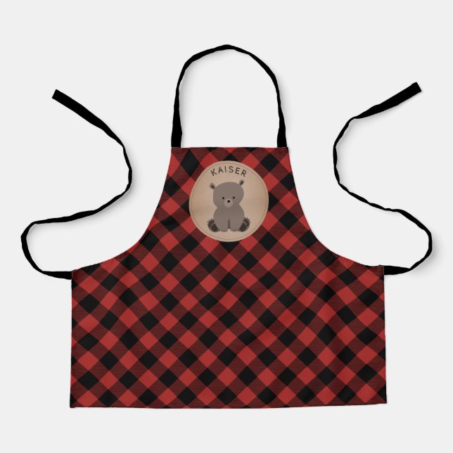 Tablier Bear Buffalo Plaid Motif rouge et noir enfants (Recto)