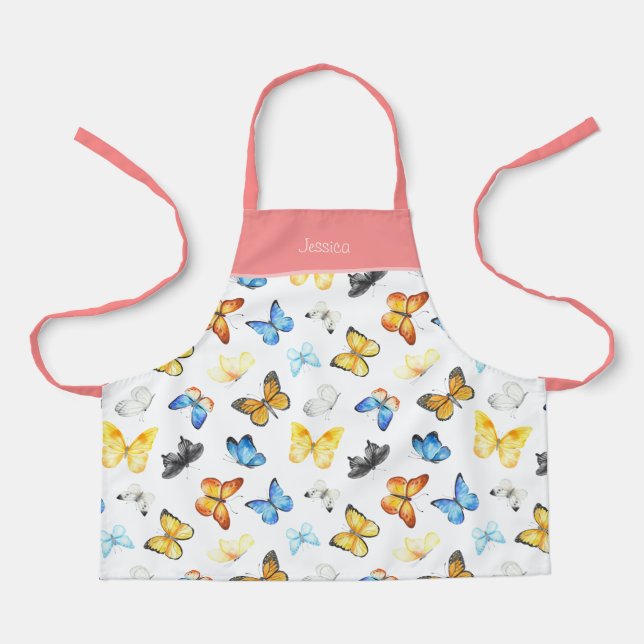Tablier Beau Motif papillon avec nom Pink Kitchen (Recto)
