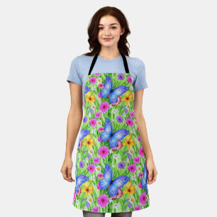 Tablier Beau Papillon Bleu avec fleurs Aquarelle
