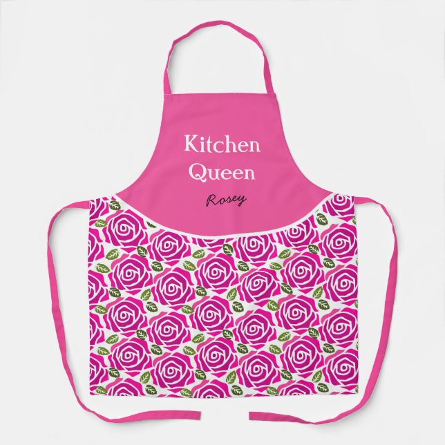 Tablier Beautiful Girly Hot Pink Magenta Roses Custom Name (Recto)