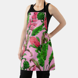 Tablier Beaux Feuilles verts tropicaux aux fleurs rouges