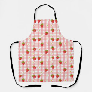 Tablier Belle fraise et fleurs sur en vichy rose