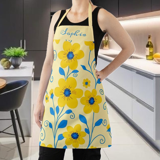 Tablier Beurre jaune et bleu floral (Monogram Butter Yellow and Blue Floral Apron)