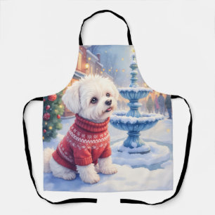 Tablier Bichon Frise festive fontaine à Noël aquarelle