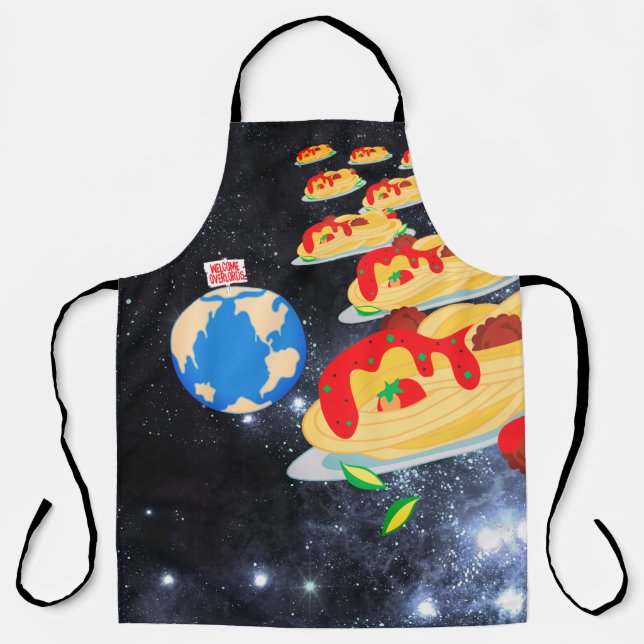Tablier Bienvenue Spaghetti superposés pâtes aliens invasi (Recto)