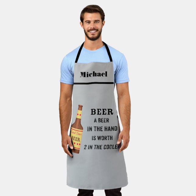 Tablier Bière Drôle Dire Bière en main Nom Personnaliser (Porté)