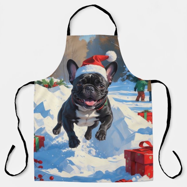 Tablier Black French Bulldog Festive de Noël Scène de neig (Recto)