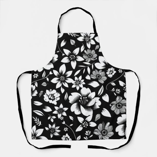 Tablier Blanc noir Feuilles floraux modernes soufflant (Recto)