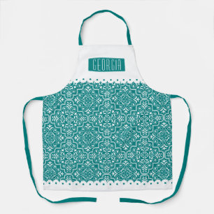 Tablier Blancs, bleu turquoise damassé motif bordures à éc