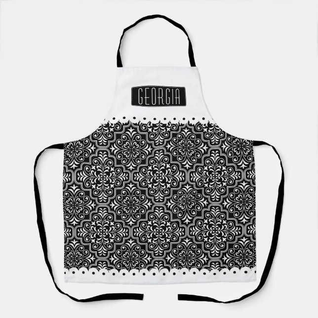 Tablier Blancs noir damassé motif blanc bordures de pétonc (Recto)