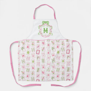 Tablier Blason de monogramme de mahjong à arc rose et vert