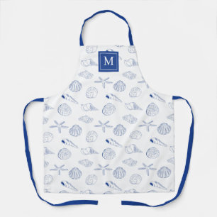 Tablier Bleu blanc Main dessinée Sea Shells Plage Été