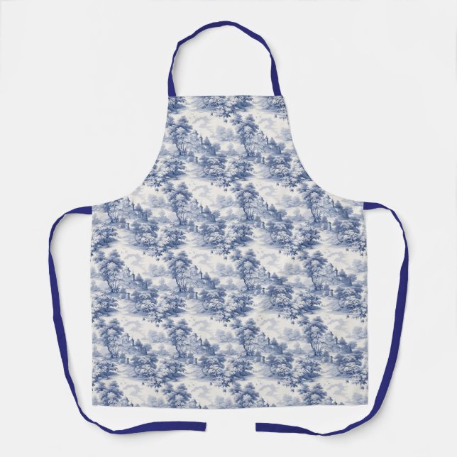 Tablier Bleu Blanc Toile Floral Country Français  (Recto)