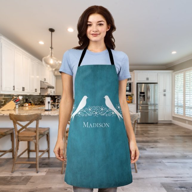 Tablier Bleu Lovebirds Vin Floral Apron (Blue Lovebirds Floral Vine Personalized Apron)