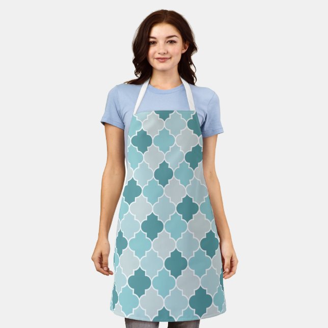 Tablier Bleu Marocain Trellis, Lattes, Quatrefoil (Porté)