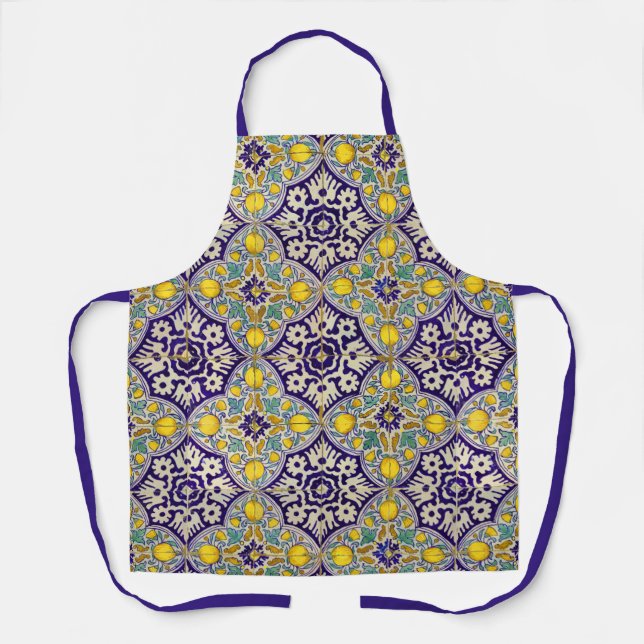 Tablier Bleu Méditerranée Motif Fleurs Jaunes (Recto)