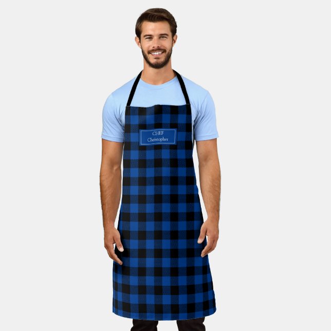 Tablier Bleu noir bison Plaid bûcheron personnalisé (Porté)