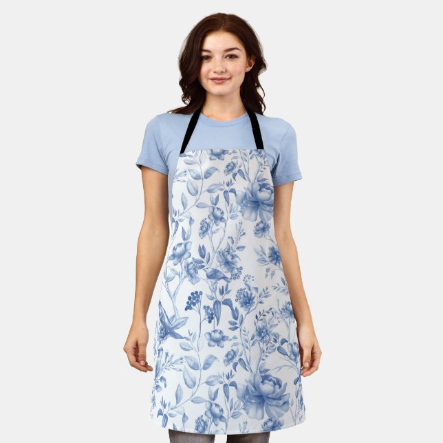 Tablier Bleu, porcelaine, porcelaine bleue, toile florale, (Porté)
