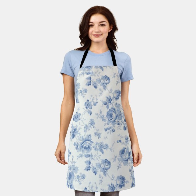Tablier Bleu, porcelaine, porcelaine bleue, toile florale, (Porté)