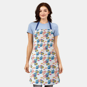 Tablier Bleu rayé poissons tropicaux, corail motif