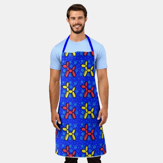 Tablier Bleu, Rouge, Chiens De Ballons Jaunes Apron (Porté)