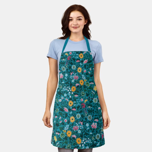 Tablier Bleu Turquoise Vert Rouge rose Jaune Motif Floral (Porté)