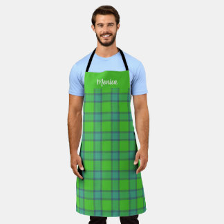 Tablier Bleu & vert Tartan à carreaux monogramme nom