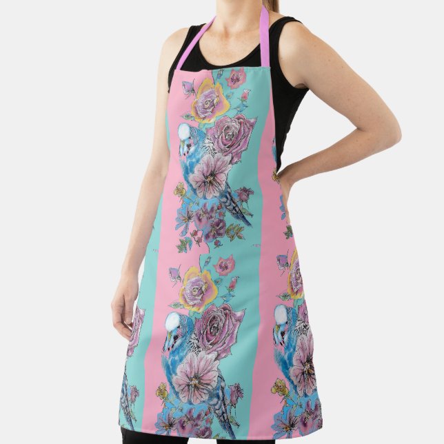 Tablier Blue Budgie Bird Rose Floral rose Aqua Budgerigar (Insitu)
