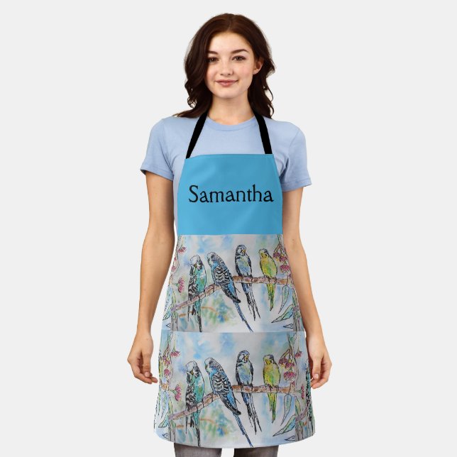 Tablier Blue Budgie Budgies Art Aquarelle Oiseaux Apron (Porté)