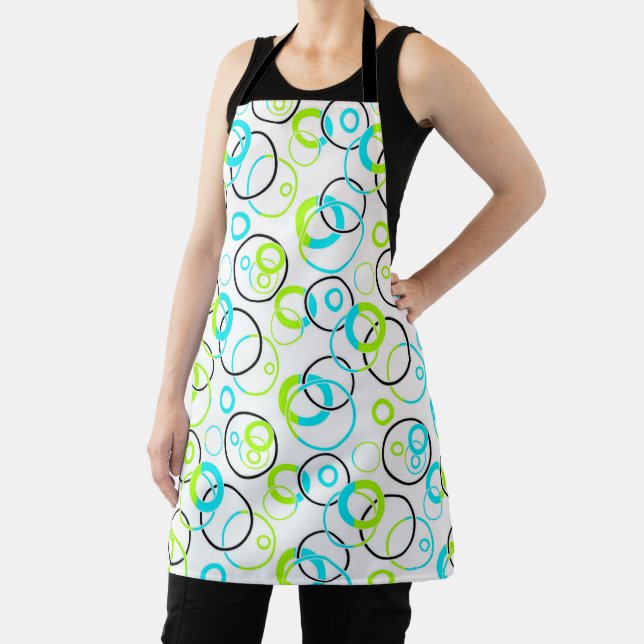 Tablier blue green and black rings and circles on white  (Insitu)